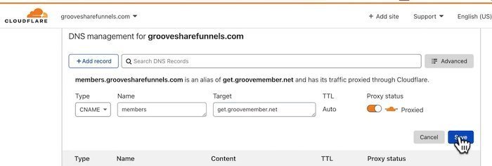 add c name record groovemember on cloudflare