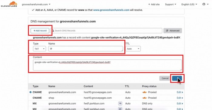 Add Google search console TXT record to groovepages domain