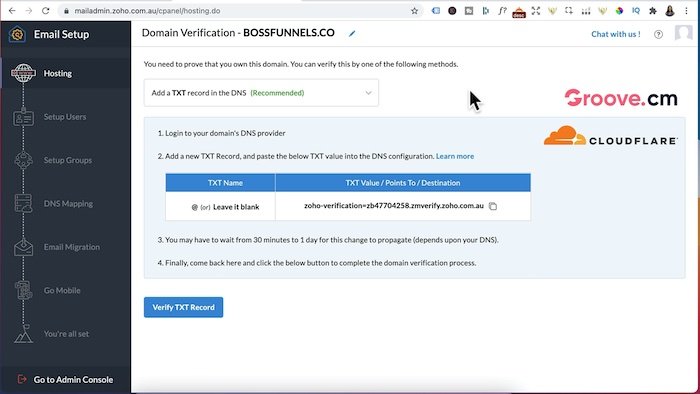 add txt records to groove for zoho domain verification