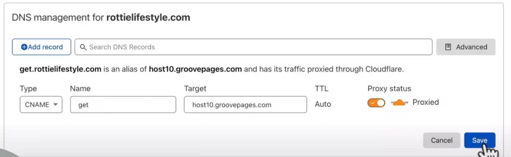 _c name record for subdomain on Groovepages