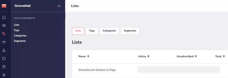 GrooveMail lists, tags and segments